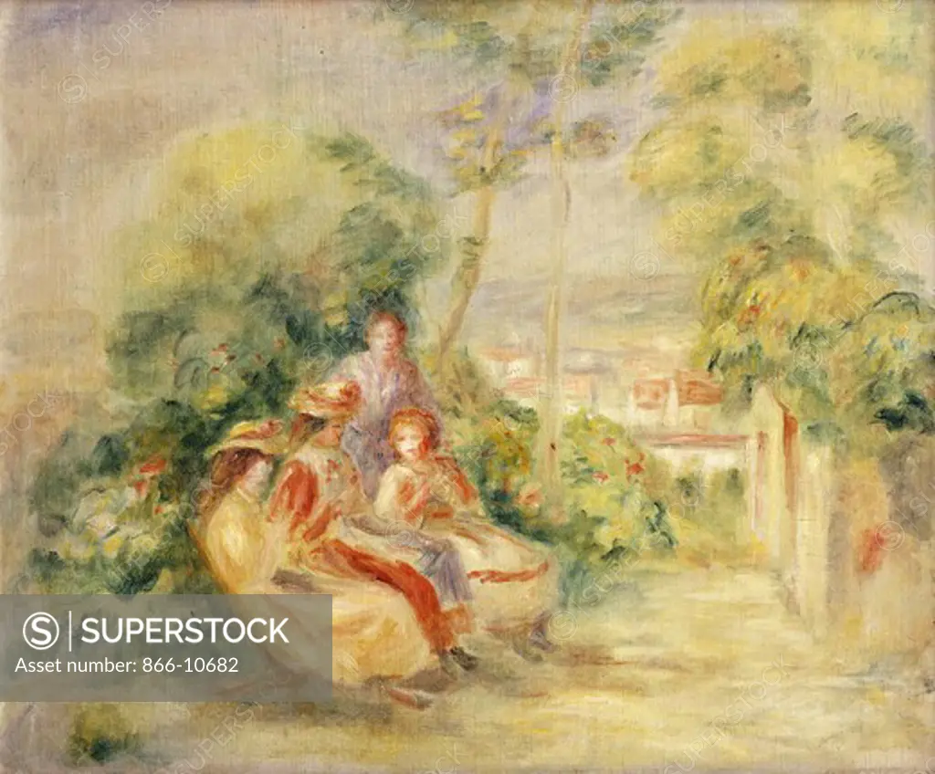 Girls in a Garden; Fillettes dans un Jardin. Pierre-Auguste Renoir (1841-1919). Oil on canvas. Painted circa 1895. 46.3 x 55.2cm. The garden of the Chateau des Brouillards is probably the setting for this work, where Renoir rented a studio from 1893-1895, and most likely depicts the daughters of his neighbors.