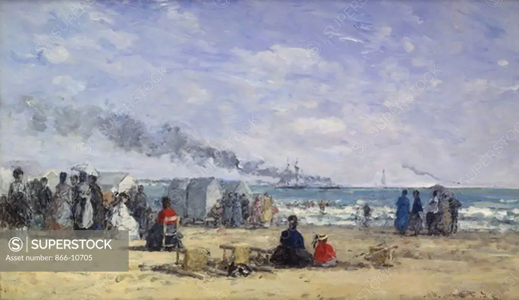 The Beach at Trouville at Bathing Time; La Plage de Trouville a l'Heure du Bain.  Eugene Boudin (1824-1898). Oil on panel. Painted in the summer of 1868. 21.5 x 35cm