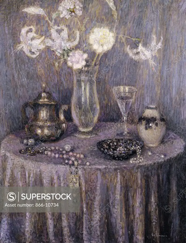 The Table, Gray Harmony; La Table, Harmonie Grise.  Henri Le Sidaner (1862-1939). Oil on canvas. Painted in 1927. 92 x 73.5cm.
