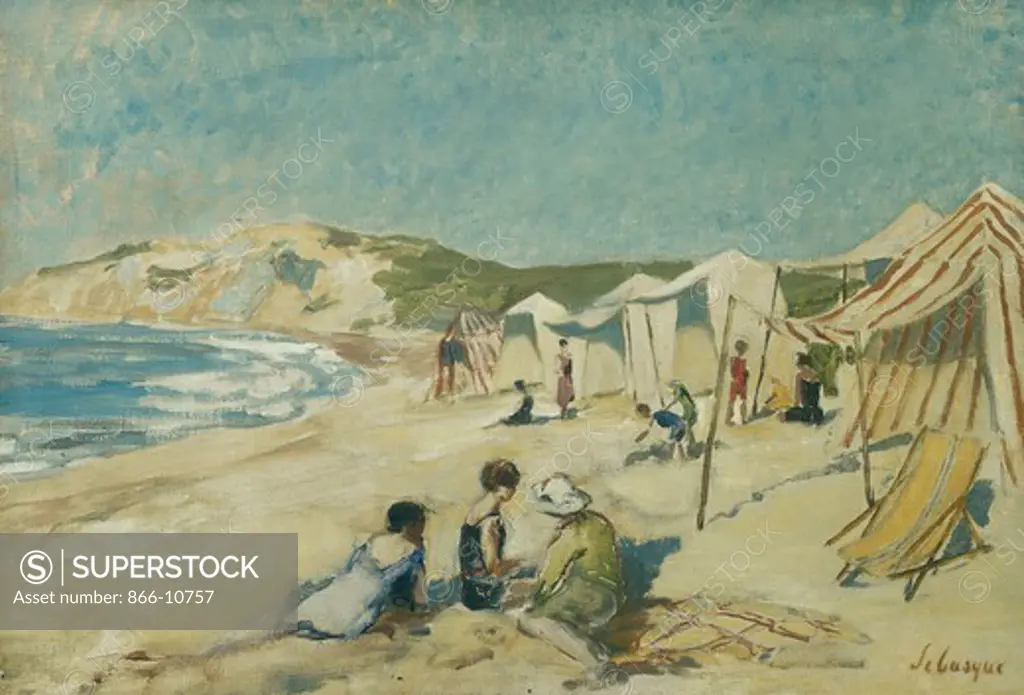 The Beach at Pointe St Gildas; La Plage a la Pointe St Gildas. Henri Lebasque (1865-1937). Oil on canvas. Painted circa 1920. 40 x 55cm.