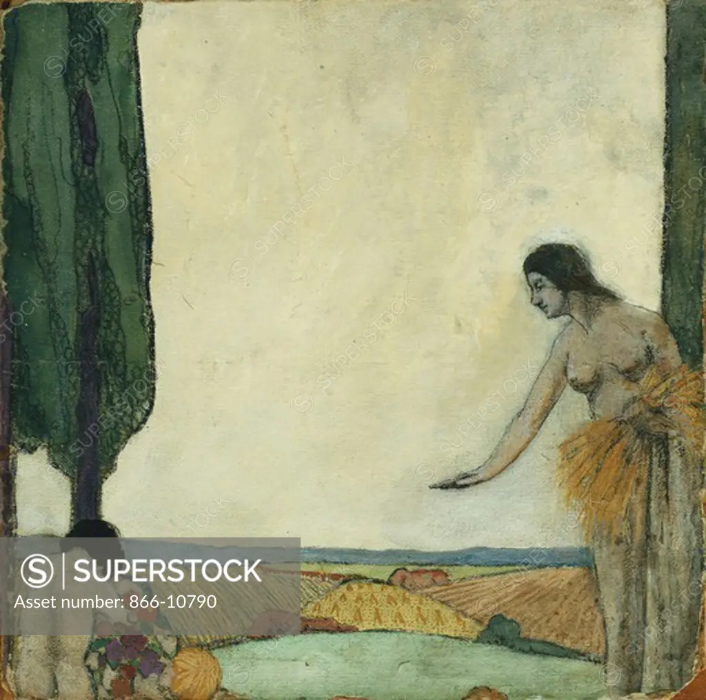 Two Nudes in a Landscape; Deux Nu dans un Paysage. Marie Stocquart (active 1910-1925). Tempera and soft pencil on board. 34 x 34cm.