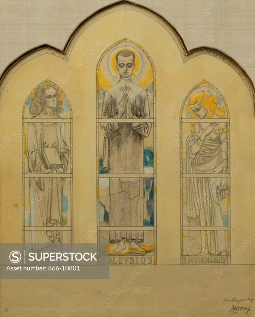 St. Alogsius Chapel Window Design -  Saint Alogsius, Johannes and Mary Magdalen. Jan Toorop (1858-1928). Pencil and coloured crayons on paper. 29.8 x 24.2cm.