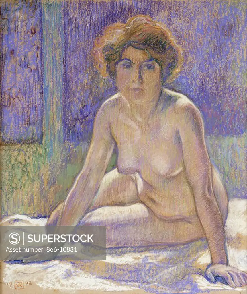 Femme Nue Assise. Theo van Rysselberghe (1862-1926). Pastel on beige paper.  Believed to be executed c.1912 but dated 1902 on the work. 46 x 38cm.