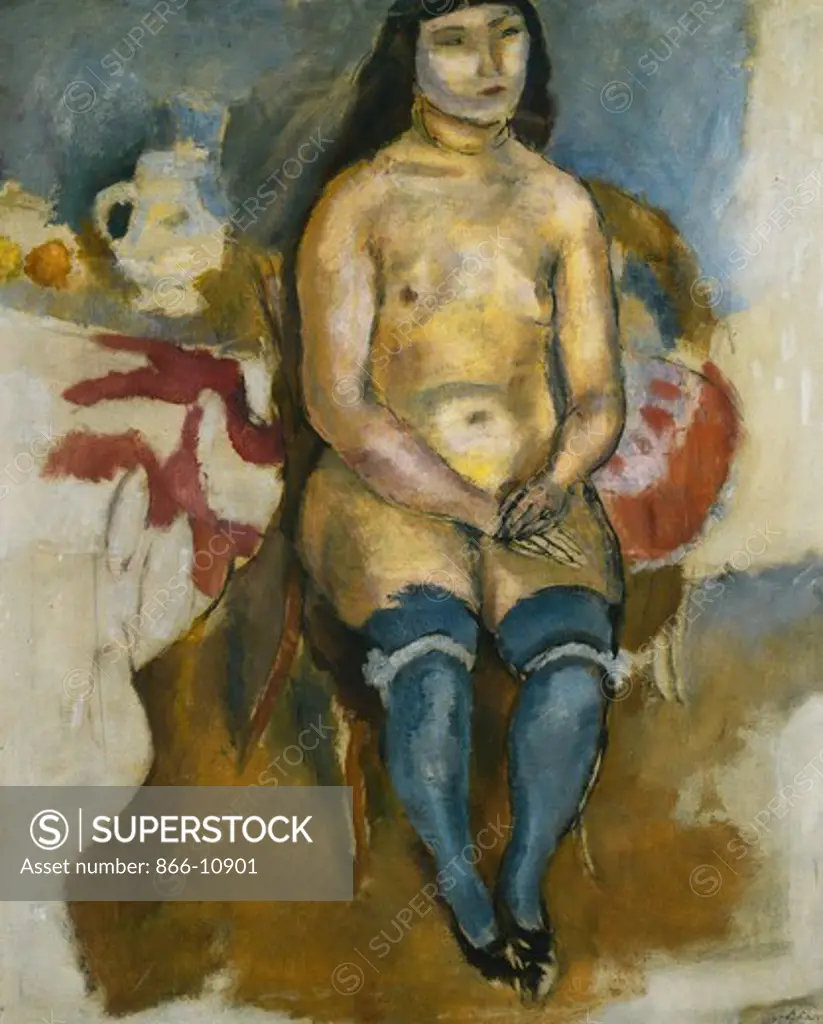 Asian in Blue Stockings; Asiatique aux Bas Bleus. Jules Pascin (1885-1930). Oil on canvas. Painted in 1922. 65 x 54cm.