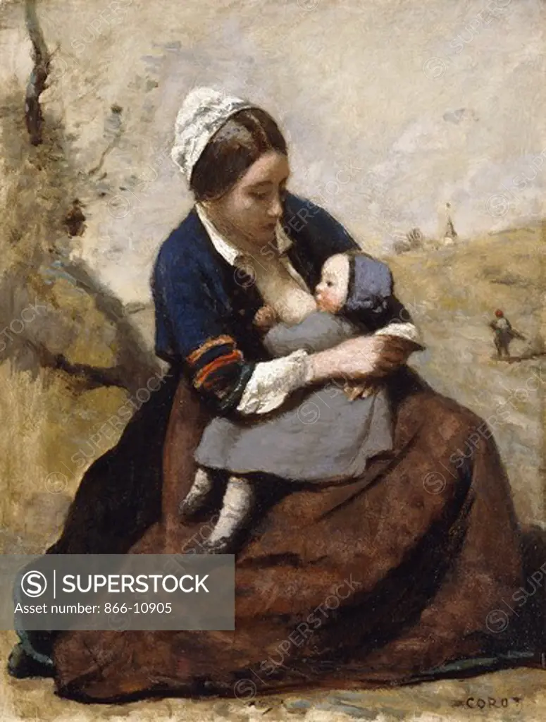 Breton Breastfeeding her Child; Bretonne Allaitant son Enfant. Jean Baptiste Camille Corot (1796-1875). Oil on zinc. Painted 1855-1860. 32.4 x 24.5cm