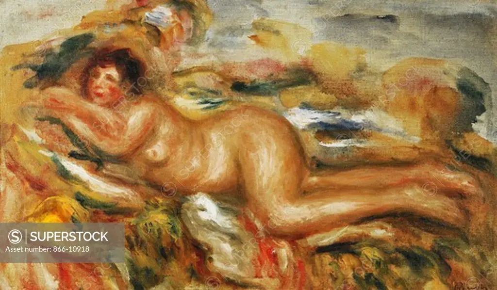 Nude Woman on the Grass; Femme Nue a l'Herbe. Pierre-Auguste Renoir (1841-1919). Oil on canvas. Painted in 1915. 28.5 x 51.8cm.
