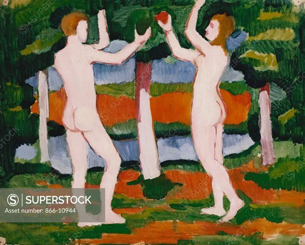 Adam and Eve; Adam und Eva. August Macke (1887-1914). Oil on canvas. Painted in 1910. 40.5 x 49cm.