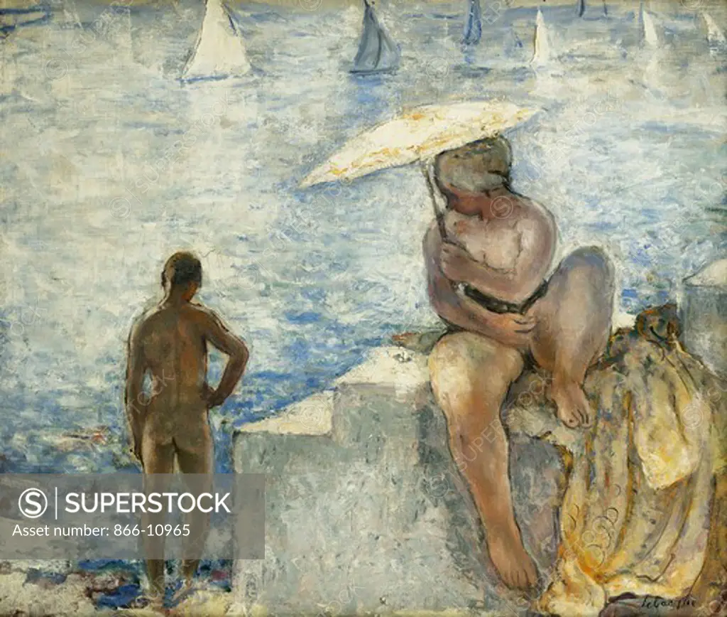 A Young Swimmer with a Parasol; La Jeune Baigneuse au Parasol. Henri Lebasque (1865-1937). Oil on canvas. Painted circa 1925-1930. 48.8 x 58.3cm.