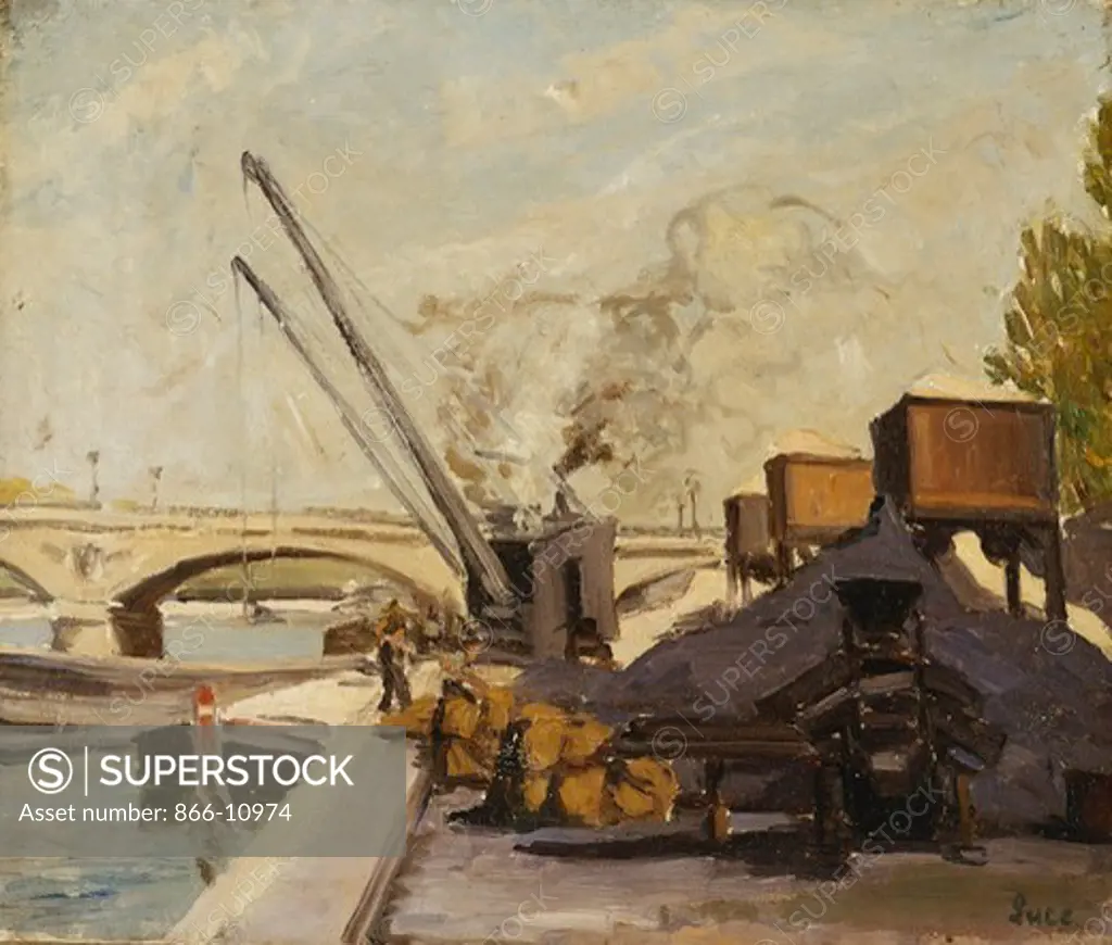Cranes on the Seine; Grues sur la Seine. Maximilien Luce (1858-1941). Oil on canvas. 44.5 x 53cm.