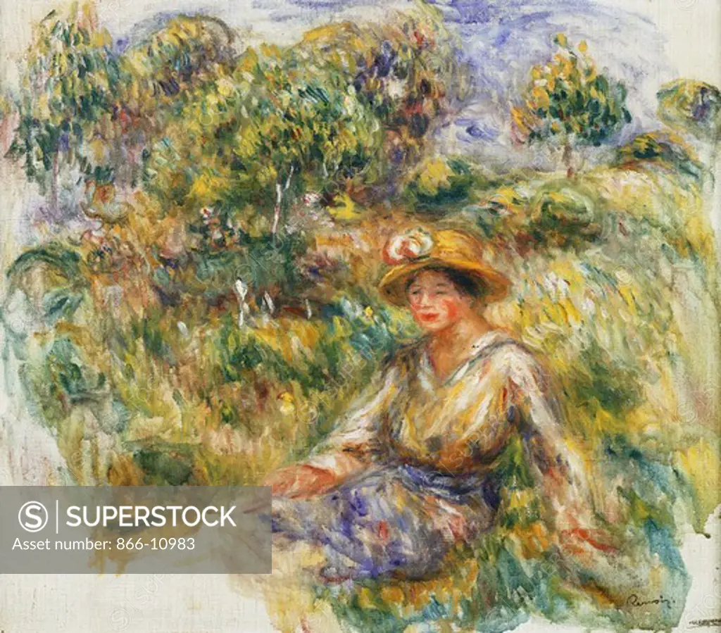 Woman in a Blue Hat sitting on the Grass; Femme en Bleu en Chapeau assise Sur l'Herbe. Pierre-Auguste Renoir (1841-1919). Oil on canvas. Painted circa 1916. 47 x 55cm
