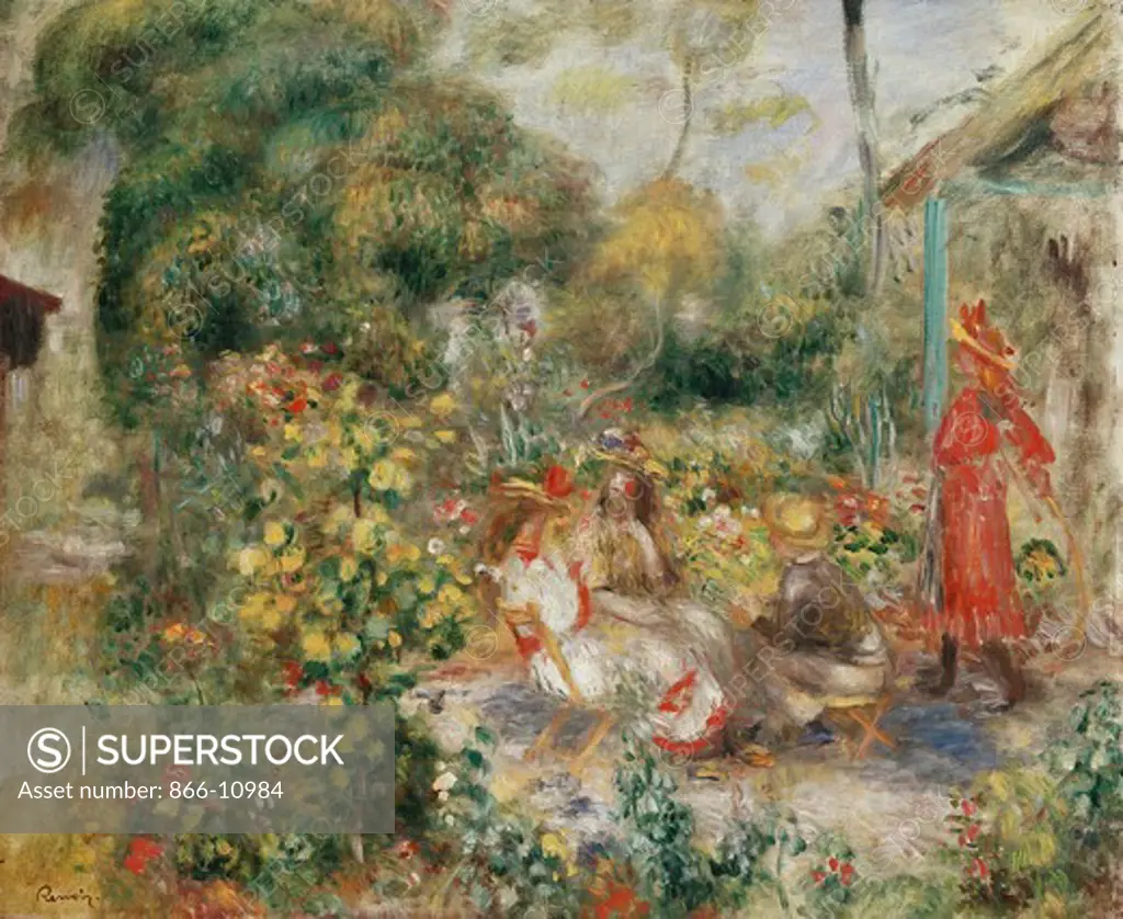 Girls in a Garden in Montmartre; Fillettes dans un Jardin a Montmartre. Pierre-Auguste Renoir (1841-1919). Oil on canvas. Painted circa 1893-95. 54 x 65cm. Between 1893-95 the artist rented a studio at the Chateau des Brouillards, Butte Montmartre. The garden there was the setting for this picture which depicts one of the daughters of the critic Paul Alexis,