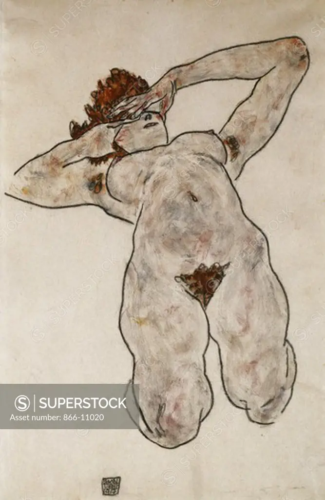Nude Lying Down; Liegende Nackte. Egon Schiele (1890-1918). Gouache and charcoal on paper. Dated 1917. 44.5 x 28.6cm.