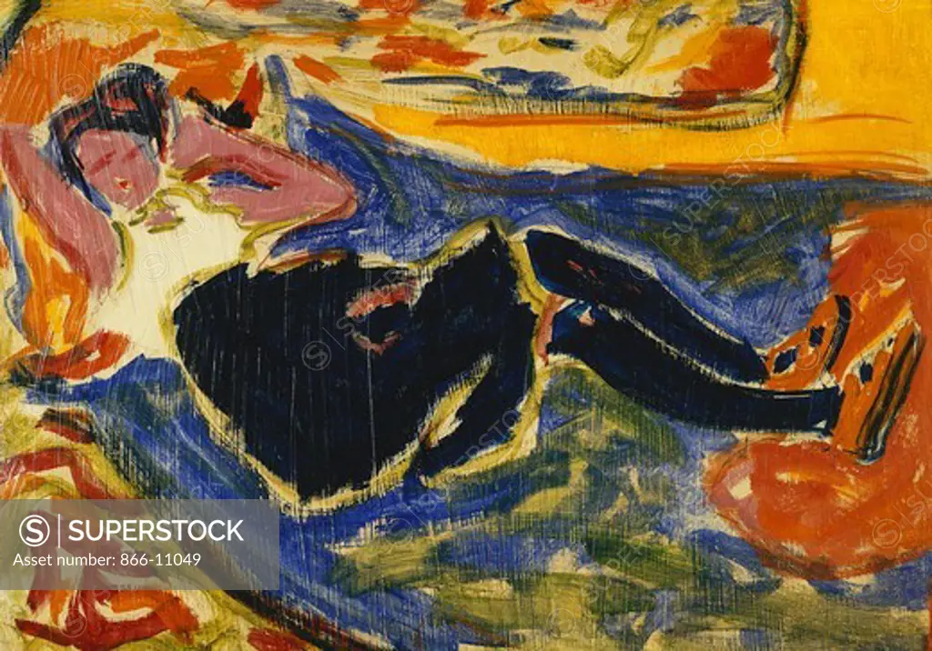 Woman with Black Stockings; Frau mit Schwarzen Strumpfen (Die Schwarze Grete). Ernst Ludwig Kirchner (1880-1938). Oil on paper laid on canvas. Painted circa 1908-09. 51 x 72.5cm.