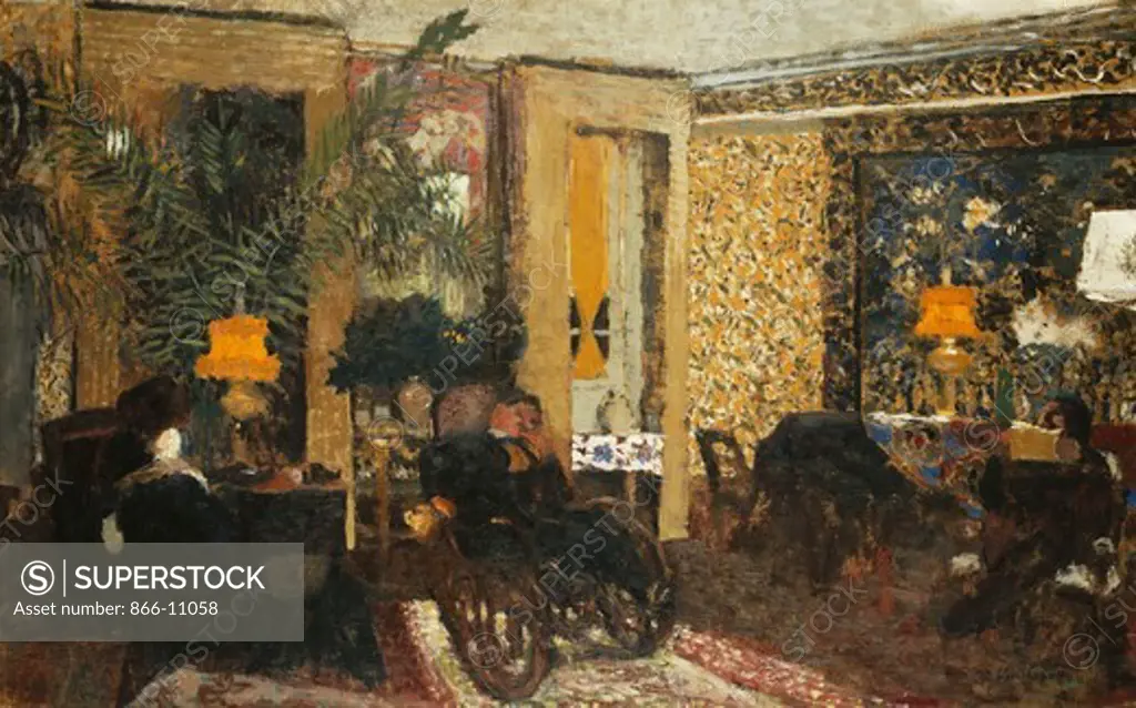 Room with Three Lamps, Rue St. Florentin; Le Salon aux Trois Lampes, Rue St. Florentin. Edouard Vuillard (1868-1940). Oil on paper laid down on canvas. Painted in 1899. 60 x 96cm
