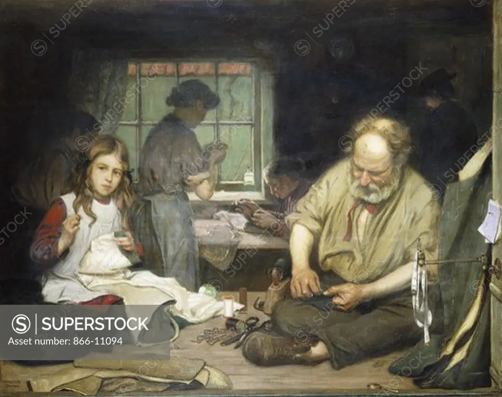 Stitch Stitch, The Home of a London Tailor. Walter J. Donne (born 1867). Oil on canvas. 48 x 60in
