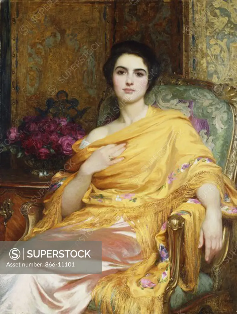 Portrait of Elsa, Daughter of William Hall,  three-quarter length, seated wearing a Pink Dress and Yellow Wrap.  Sir Frank Dicksee (1853-1928).  Oil on canvas. Signed and dated 1927. 42 x 32in