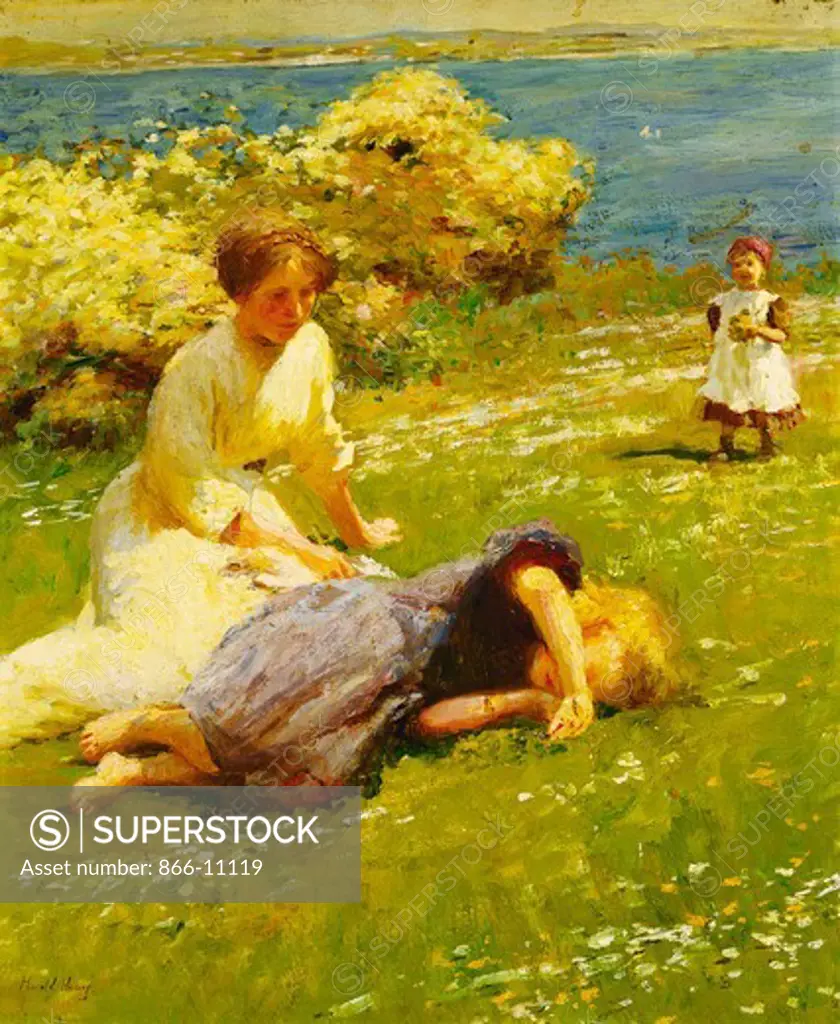 Young Girls on a Cliff Top. Harold Harvey (1874-1941). Oil on canvas. 46 x 38cm
