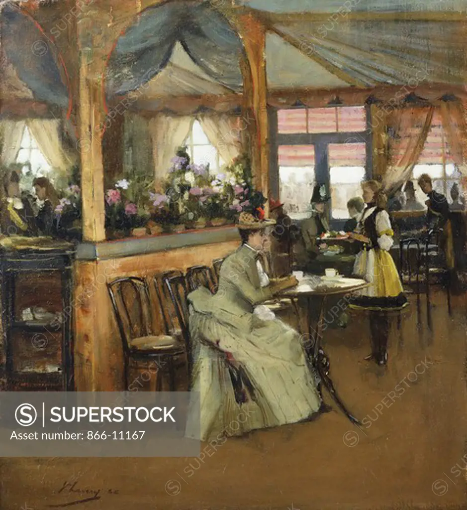 A Cup of Chocolate. Sir John Lavery (1856-1941). Oil on canvas. Signed and dated 1888. 20 x 18in. The picture depicts the interior of the Affafrey Kiosk set up at the Great Exhibition in Glasgow.