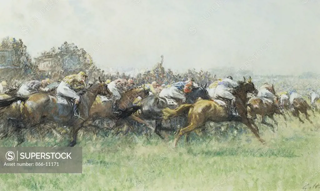 The Derby, Tattenham Corner. Gilbert Holiday (1879-1937). Watercolour, bodycolour and pastel. 14 1/2 x 24 1/4in