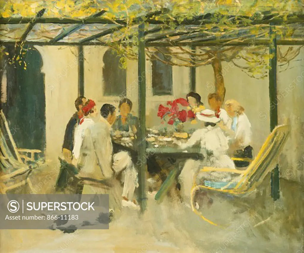 Tea at Palm Springs. Sir John Lavery (1856-1941). Oil on canvas-board. Painted in 1938. 49.5 x 59.5cm. The sitters for this picture are Gertrude and Gordon Coutts, with whom the artist stayed in Palm Springs. The two ladies on the right are, front to back, Anne Servill and Katherine Fitzgerald.