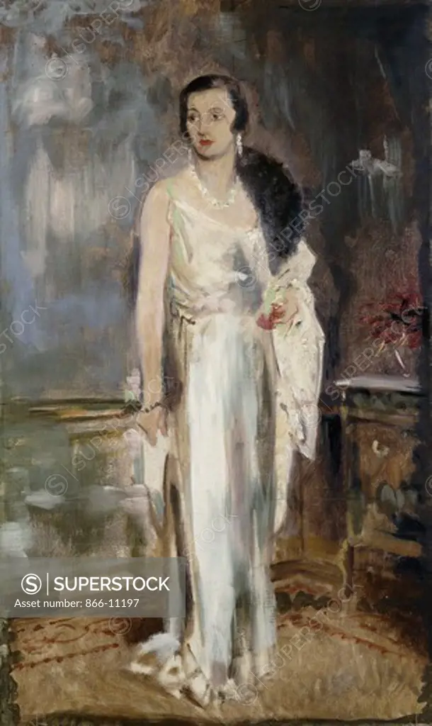 Portrait of Loelia, Duchess of Westminster, later Lady Lindsay, small full length, in Evening Dress. Glyn Warren Philpot (1884-1937). Oil on canvas.  44 x 26 1/4in. A study for a larger version. The sitter, b. 1902,  was the daughter of Sir Frederick Ponsonby and married Hugh Bendor, 2nd Duke of Westminster in 1930, divorcing in 1935. She was characterised b