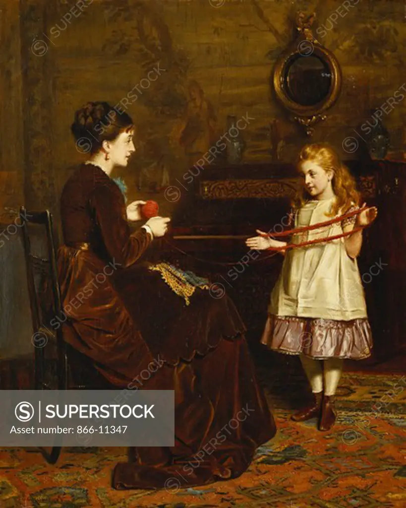 Mother's Little Helper. George Goodwin Kilburne (1839-1924). Oil on canvas. Signed and dated 1874. 53.5 x 43.3cm.