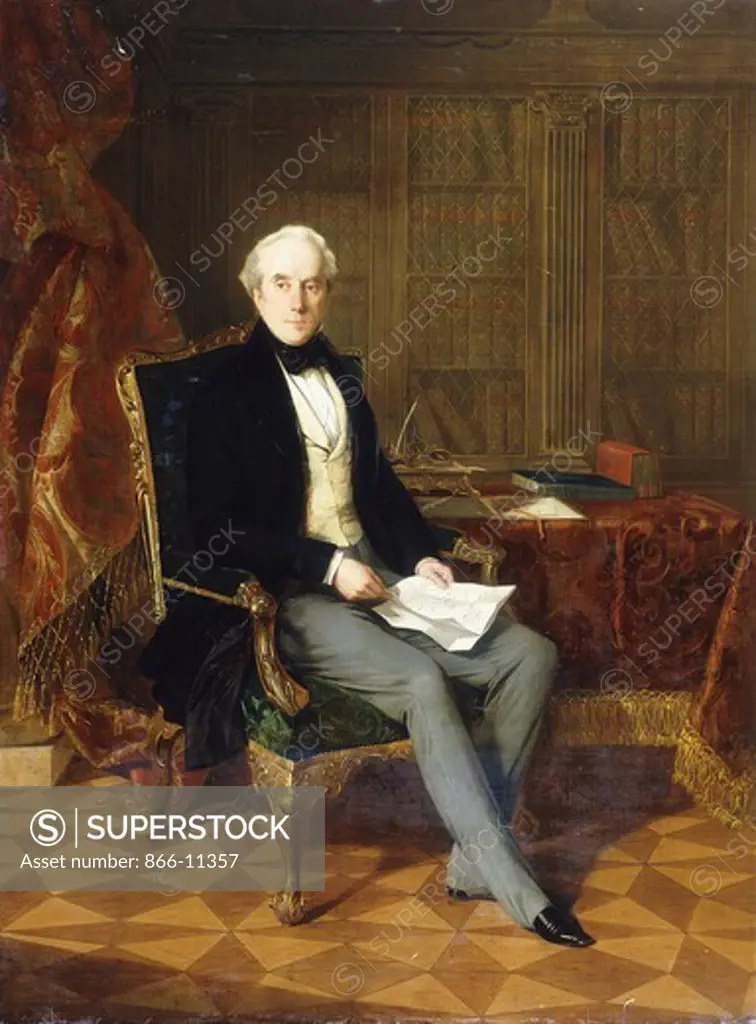 Portrait of Henry Pelham-Clinton, K.G., 4th Duke of Newcastle, Holding a Document, in His Study. Henry Nelson O'Neil (1817-1880). Oil on canvas. Signed and dated 1850. 92.7 x 71.7cm.