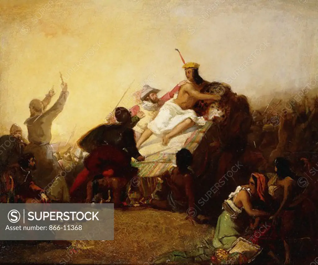 Pizarro Seizing the Inca of Peru. Sir John Everett Millais (1829-1896). Oil on canvas laid on panel. 16 1/2 x 191/2 in. (42 x 49.5 cm.) Painted in 1846. Probably a preliminary version of Millais' first exhibited picture at the Royal Academy in 1846. The large version is now in the V&A Museum.