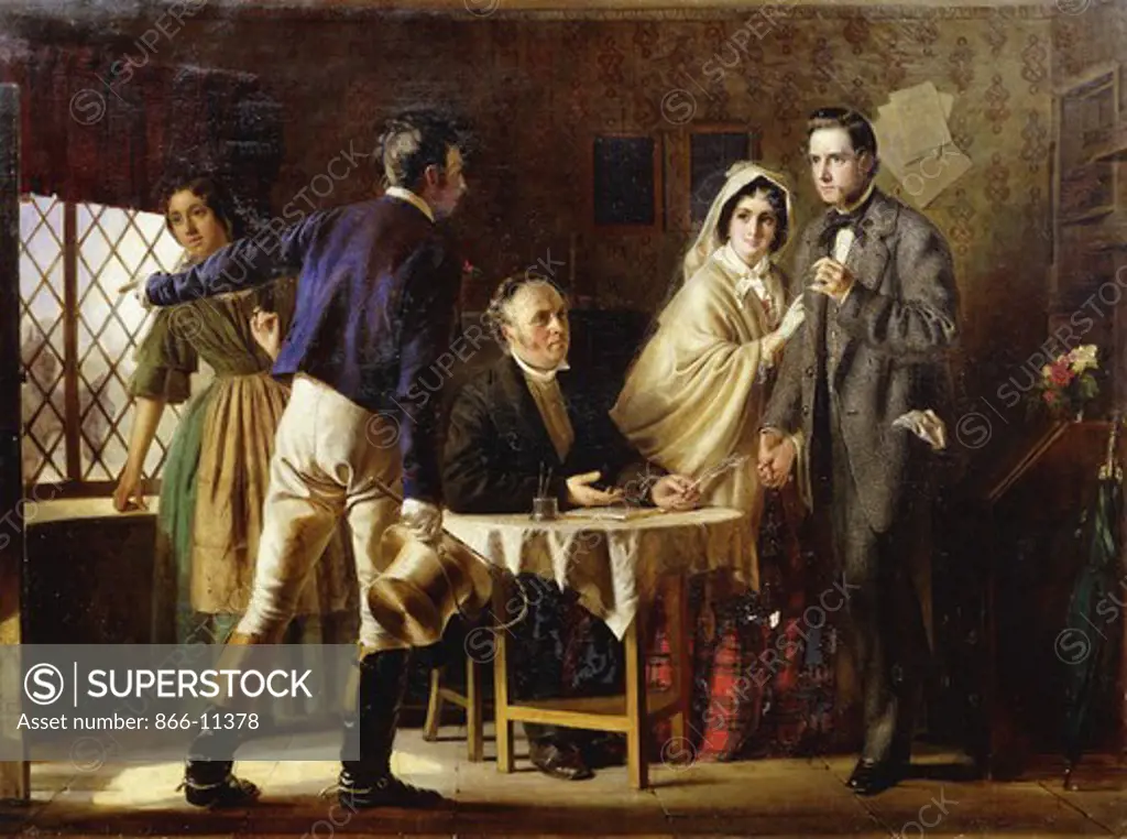 A Wedding at Gretna Green. Jerry Barrett (1824-1906). Oil on canvas. Signed and dated 1859. 82 x 105.5cm.