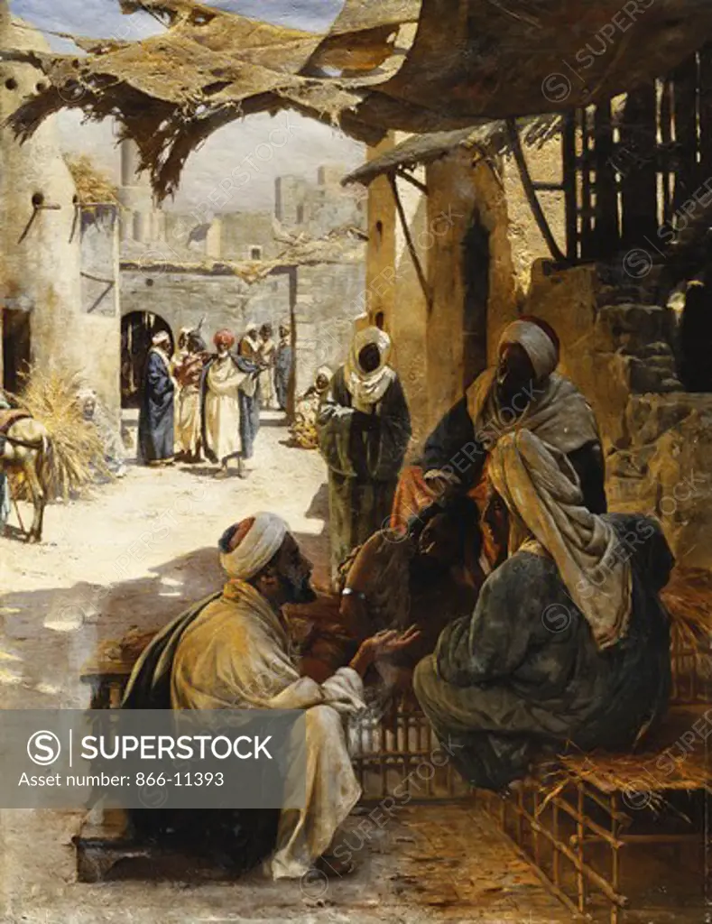 Arabs Conversing in a Village Street. Rudolf der G. Swoboda (1859-1914). Oil on canvas. Dated 1894. 110 x 85.5cm