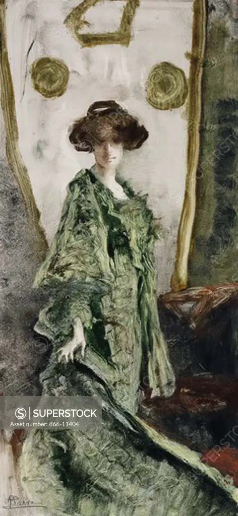 The Long Green Dress; Il Vestito Lungo Verde: Impression I. Pompeo Mariani (1857-1927). Monotype printed in colours, heightened with pencil and crayon. 51.4 x 24.7cm.