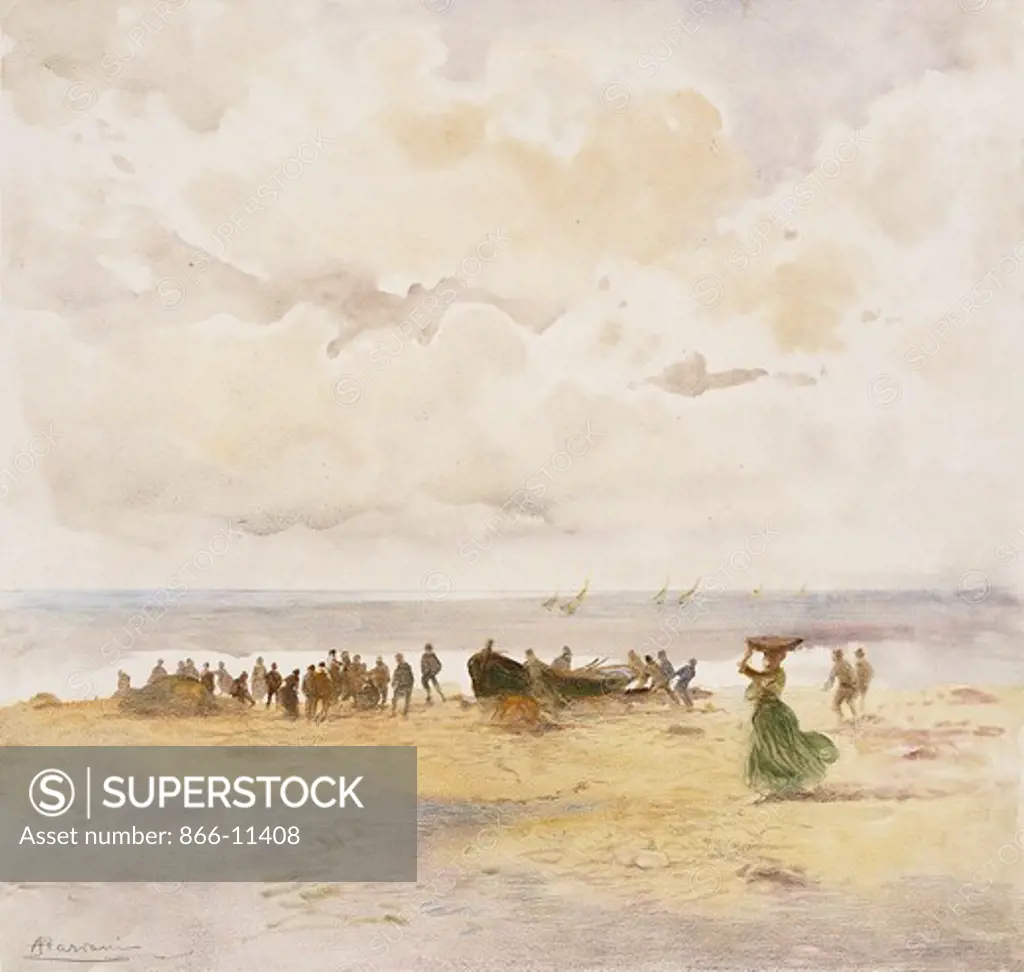Fishermen on the Beach; Pescatori sulla Spiaggia. Pompeo Mariani (1857-1927). Monotype printed in colour, heightened with crayon and pencil. 39.8 x 41.9cm.