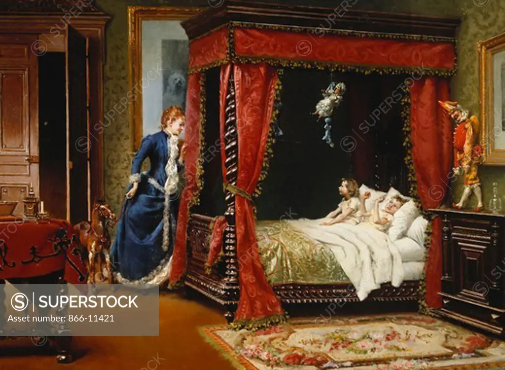 Bed Time. Oreste Cortazzo (b. 1836). Oil on panel. 26.6 x 35cm.