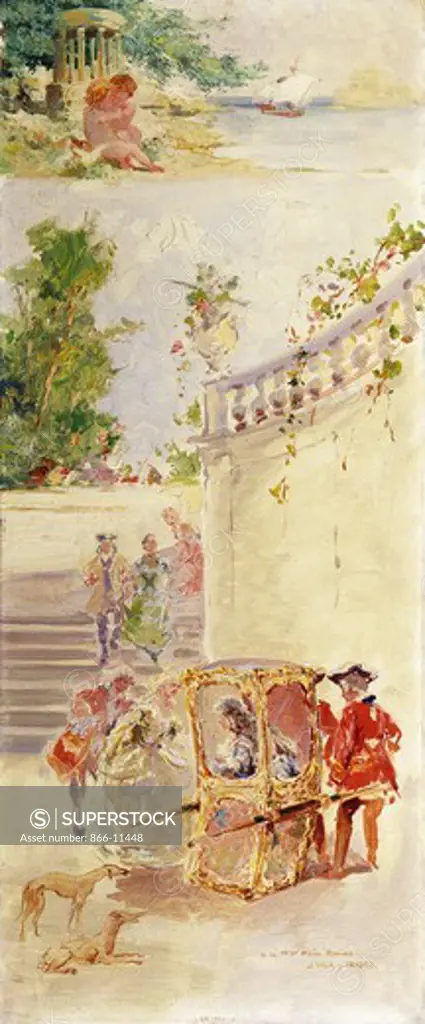 Elegant Figures at a Palatial Stairway. Julio Vila Prades (1873-1930). Oil on board. 66 x 28cm.