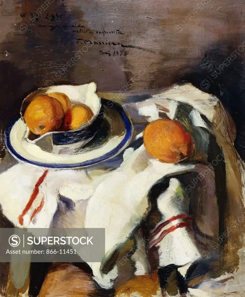 A Still Life with Oranges. F. Masriera (active early 20th century). Oil on board. Signed and dated 1936. 46 x 38cm.