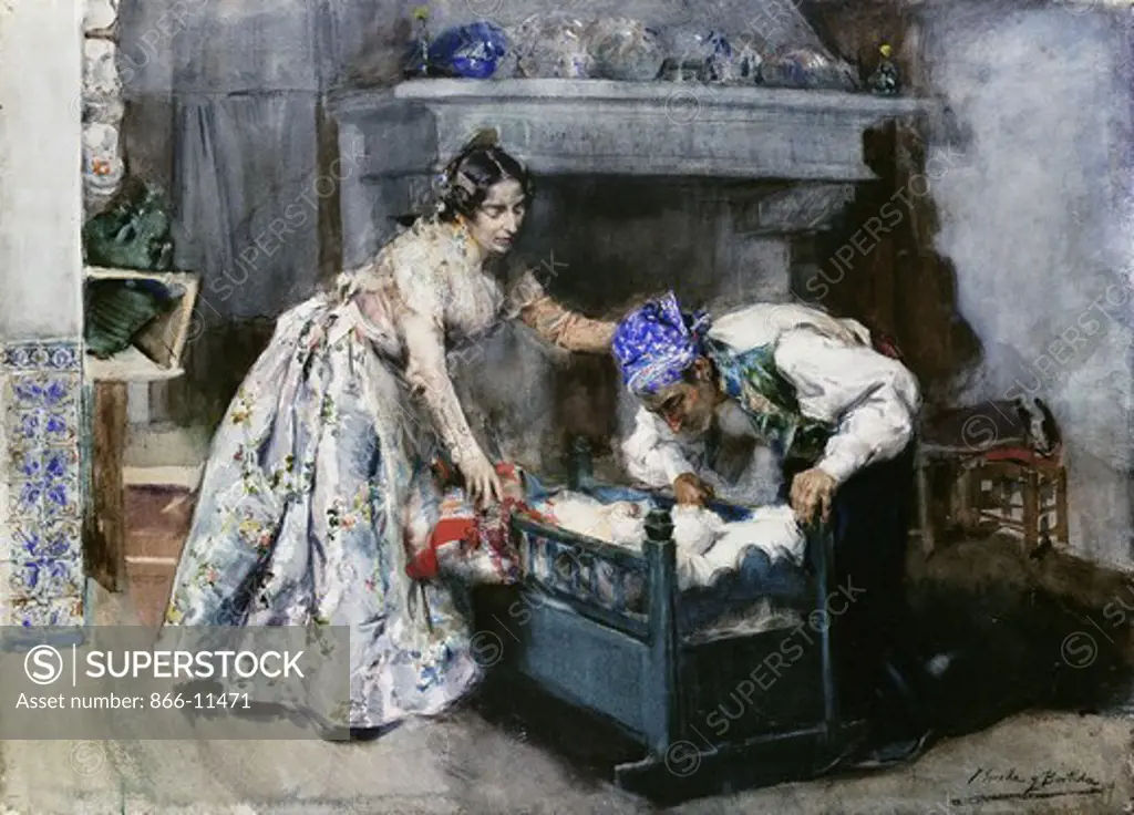 Careful not to wake him; Cuidado, No le Despiertes. Joaquin Sorolla y Bastida (1863-1923). Pencil and watercolour. 57.8 x 79cm