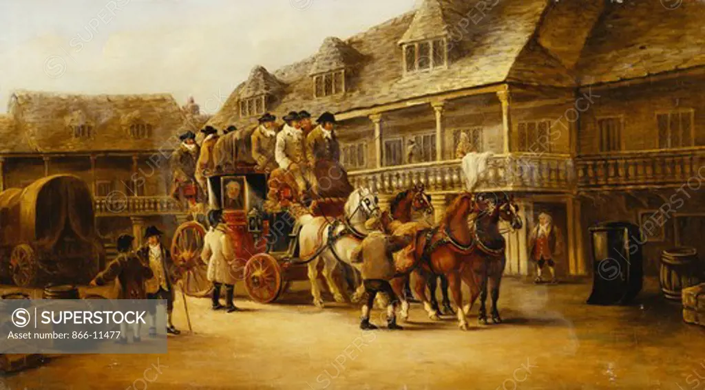Boarding the Coach to London. John Charles Maggs (1819-1896). Oil on canvas. Dated 'Bath 1879'. 43.2 x 76.2cm