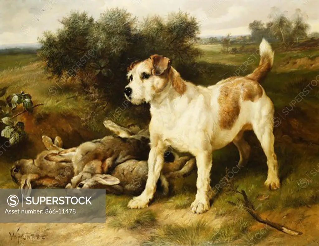 A Fox Terrier with the Day's Bag. Walter Hunt (1861-1941). Oil on canvas. Dated 1888. 71 x 92cm