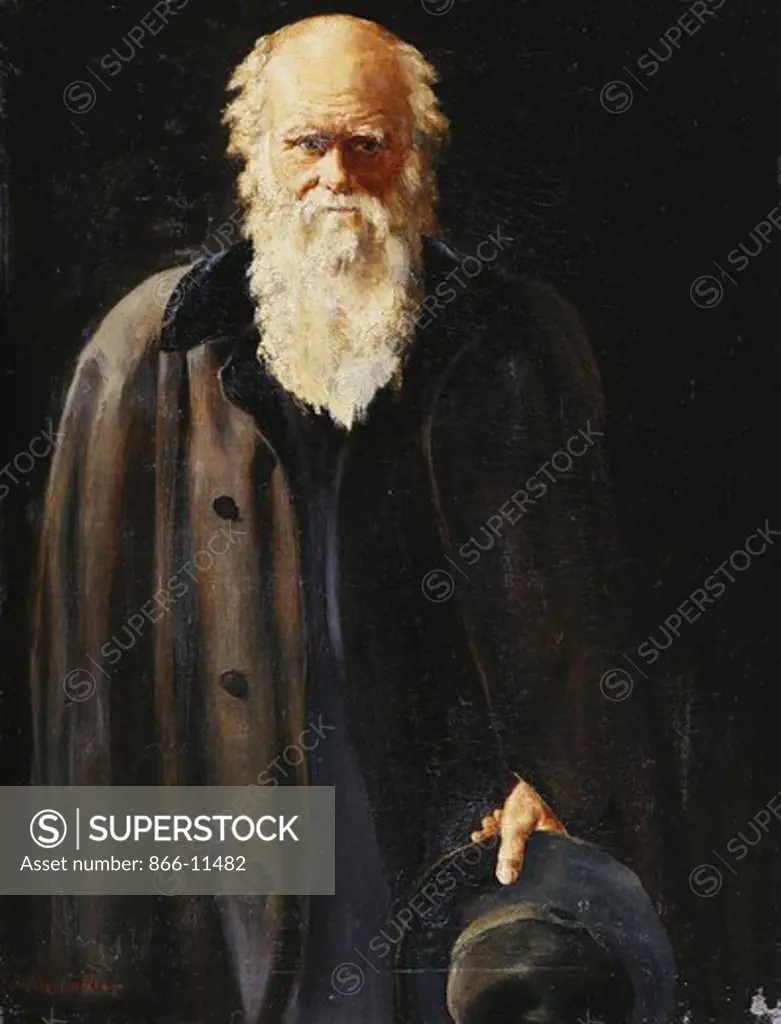 Portrait of Charles Darwin, standing three quarter length. John Collier (1850-1934). Oil on canvas. Dated 1897. 63.5 x 49.5cm. This is a small version of the portrait in the National Portrait Gallery London, dated 1883.