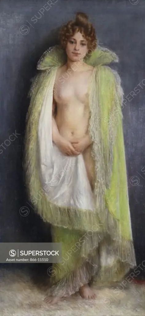 A Nude with a Green Cloak. Pierre Carrier-Belleuse (1851-1933). Pastel. Signed and dated 1899. 181 x 88cm.