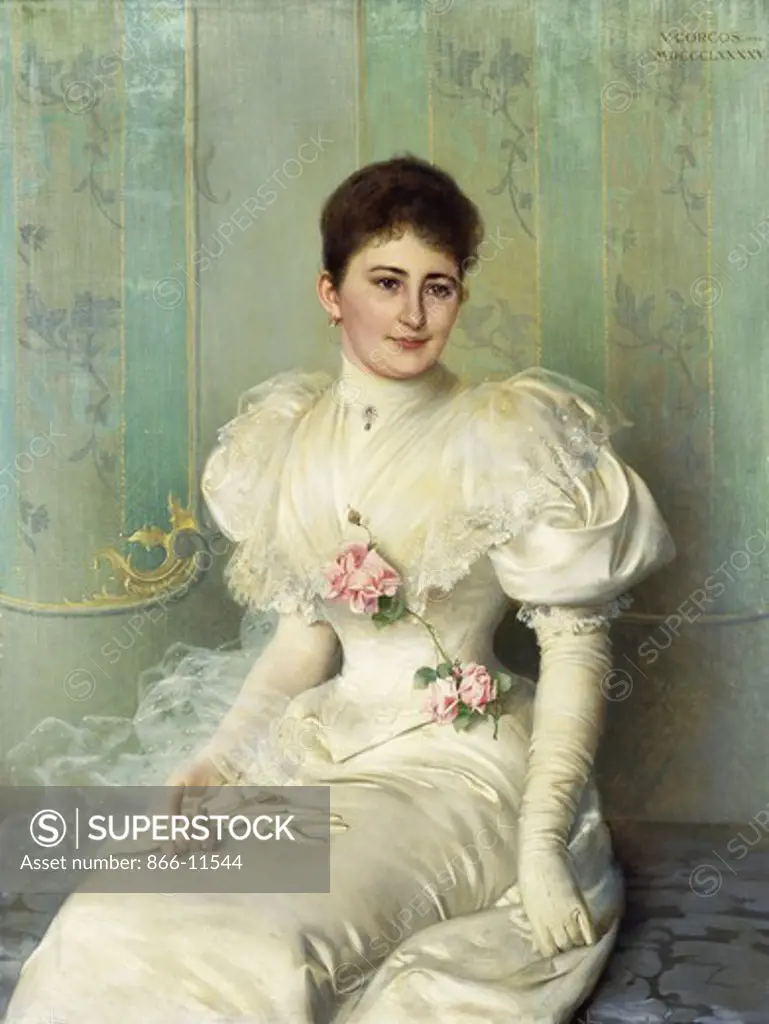Portrait of  a Lady, seated three quarter length, wearing a White Dress. Vittorio Matteo Corcos (1859-1933). Oil on canvas. Dated 1895. 112 x 85cm