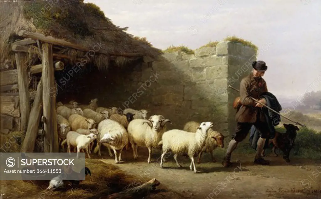 A Shepherd and his Flock. Eugene Verboeckhoven (1799-1881). Oil on panel. Signed and dated 1862. 26.7 x 43cm