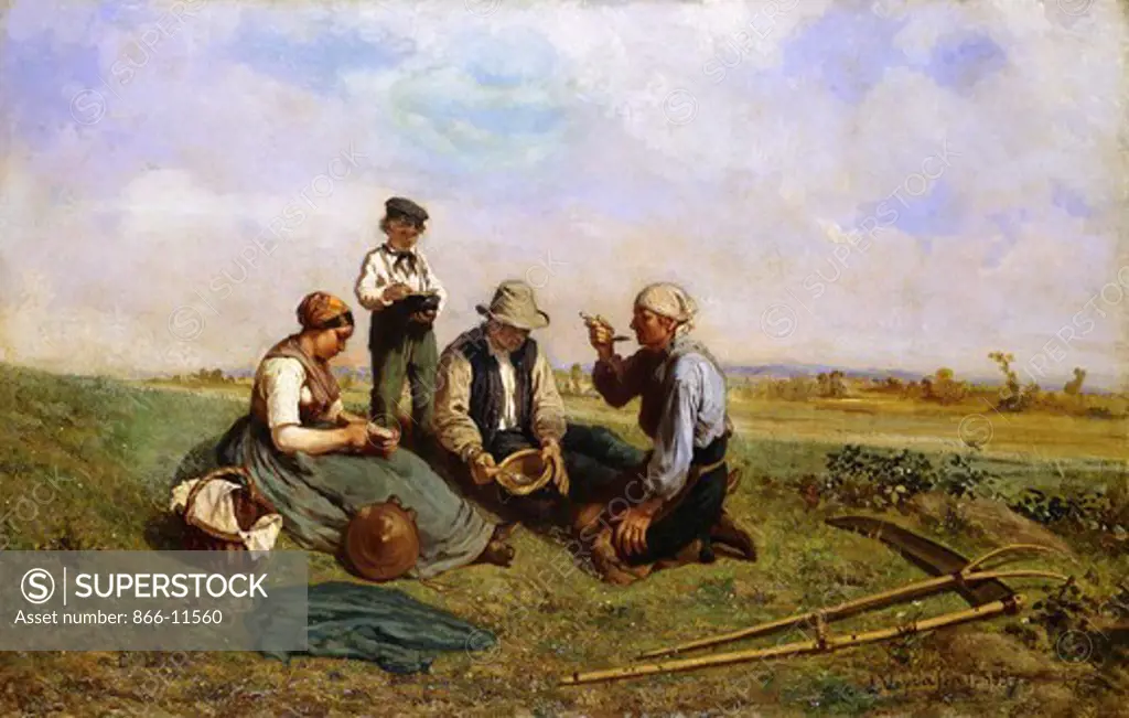 The Haymakers' Lunch.  Jules Jacques Veyrassat (1828-1893). Oil on canvas. Signed and dated 1857. 65 x 155cm