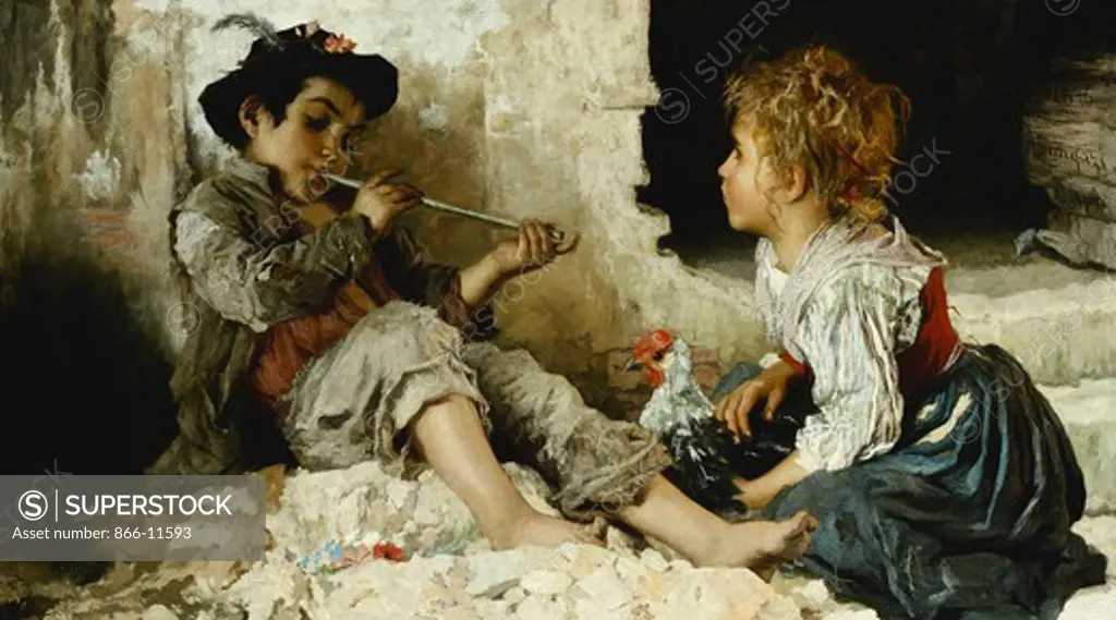 A Captivated Audience. Adriano Bonifazi (1858-1914). Oil on canvas. Signed and dated 1876. 60 x 106cm.