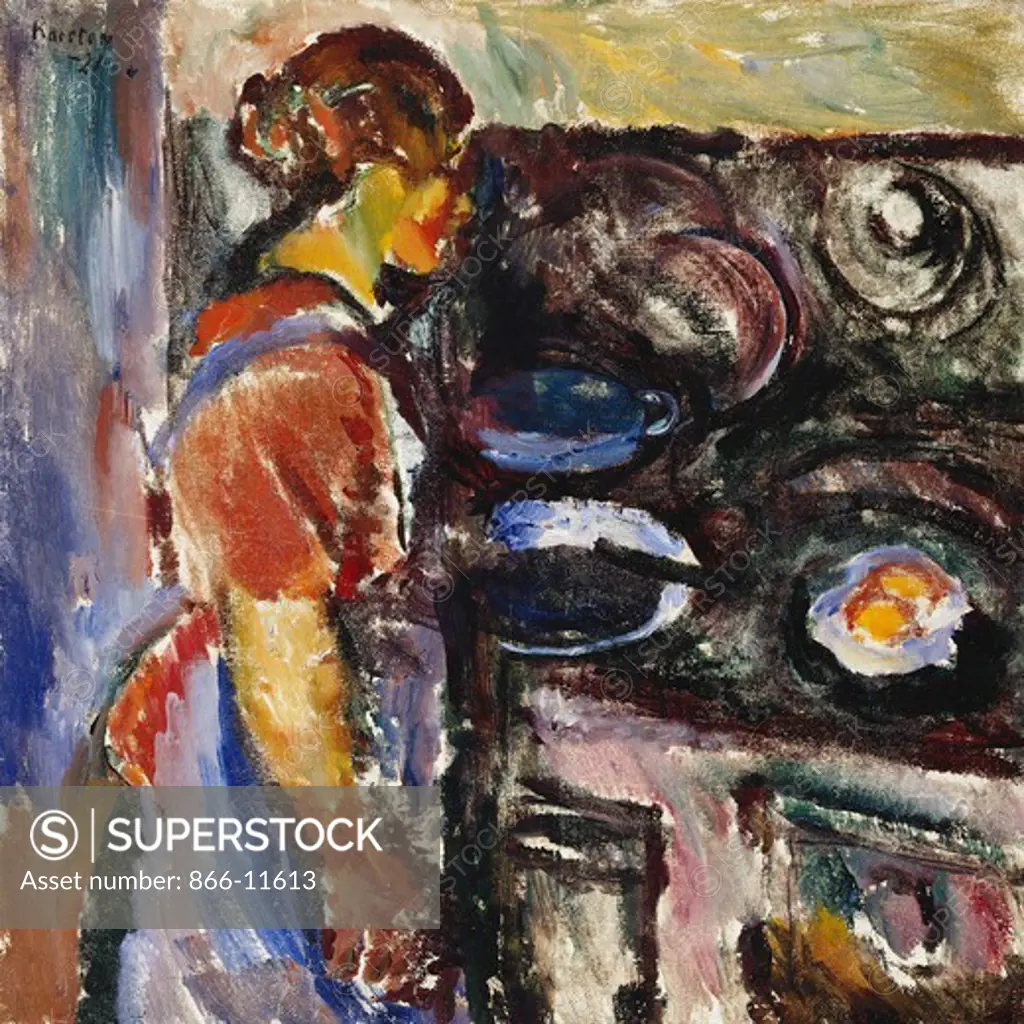 Girl in the Kitchen; Pike I Kjokken. Ludvig Karsten (1876-1926). Oil on canvas. Dated 1921. 59 x 59cm