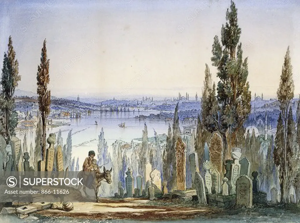 Constantinople from Eyub.  Amadeo Preziosi (1816-1882). Pencil and watercolour on paper. 40.6 x 52cm
