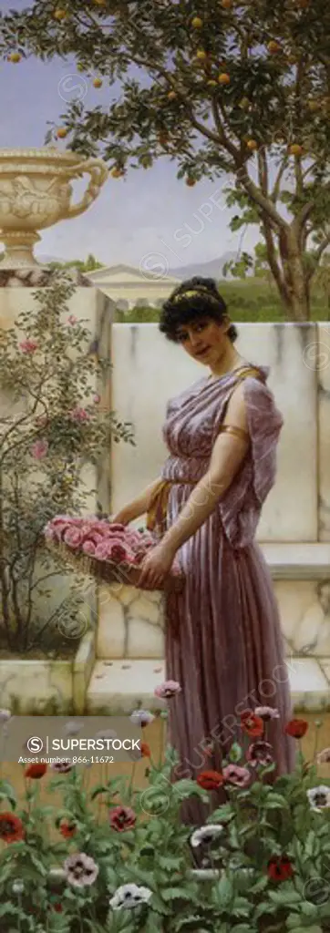 The Flowers of Venus.  John William Godward (1861-1922). Oil on canvas. Signed and dated 1890. 59.7 x 21.6cm