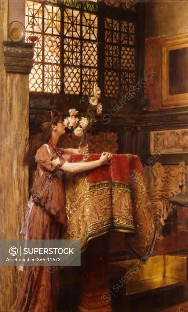 A Corner of my Studio. Sir Lawrence Alma-Tadema (1836-1912). Oil on canvas. Signed and inscribed OP CCCXIX. Painted in 1893. 61 x 45.7 cm. Given by the artist to Lord Leighton in exchange for 'Bath of Psyche' which Leighton had painted for the hall of Tadema's Grove End Road Studio.