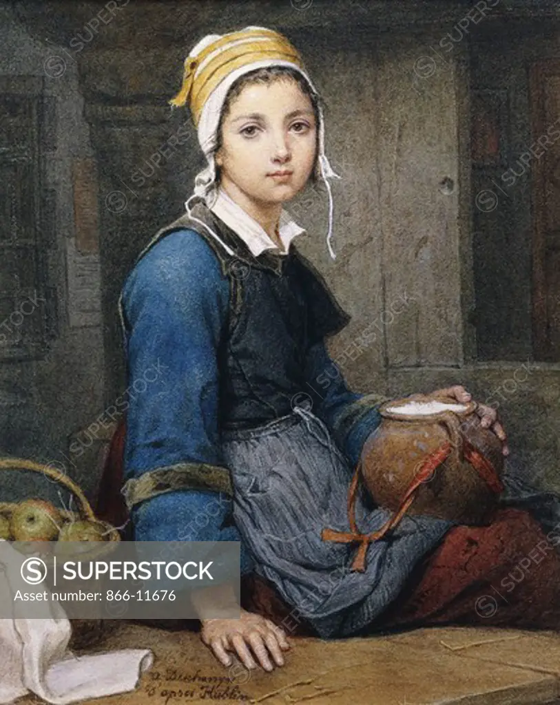 The Young Milk Maid. O. Deschanger after Hublin (late 19th century). Pencil and watercolour heightened with white. 22.2 x 17.2cm.