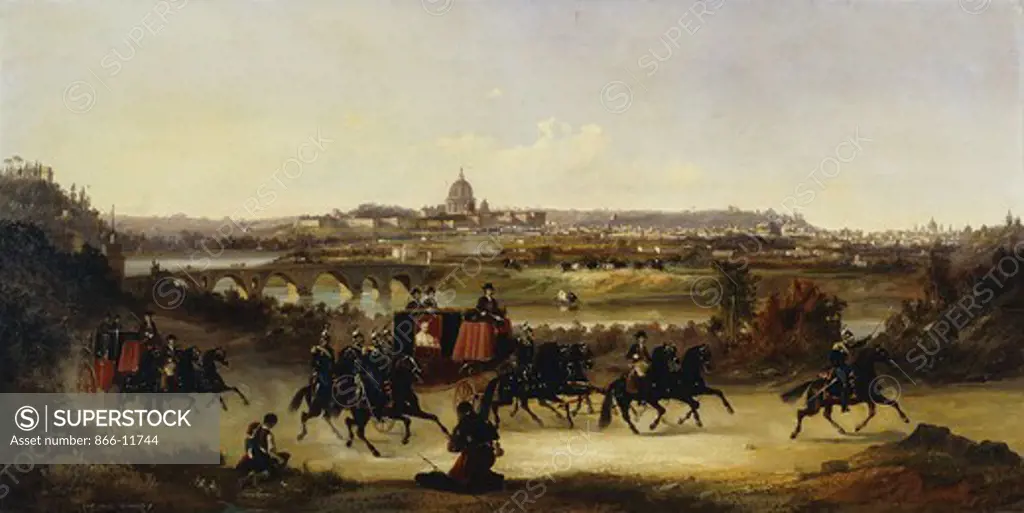 The Pope Leaving Rome. Vincenzo Giovannini (1817-1903). Oil on canvas. Signed and dated 1869. 48.2 x 96.5cm.
